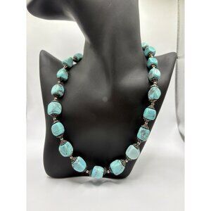 Beaded Faux Turquoise Necklace Heavy Western Southwestern Boho Blue Silver Tone